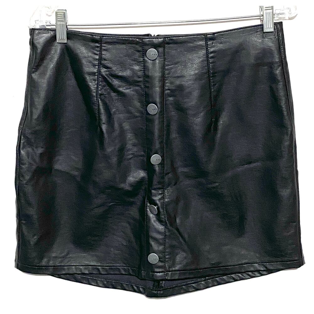 TGLA Faux Buttons Faux Leather Black Mini Skirt M Whimsigoth Grunge Baddie Moto - Picture 1 of 7